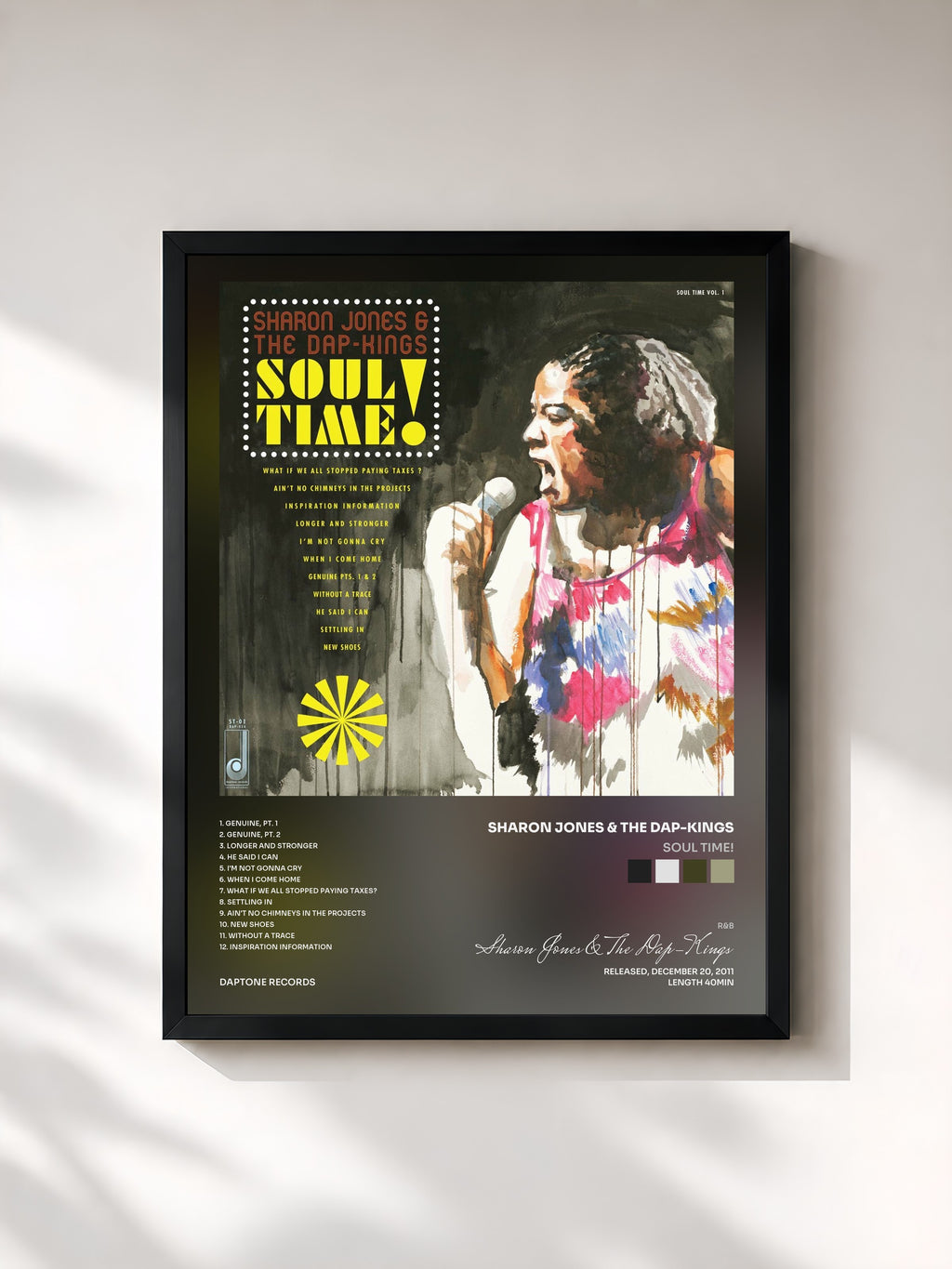 #noir Tableau de l'album Soul Time! de Sharon Jones & The Dap-Kings, cadre noir, imprimé et encadré en France