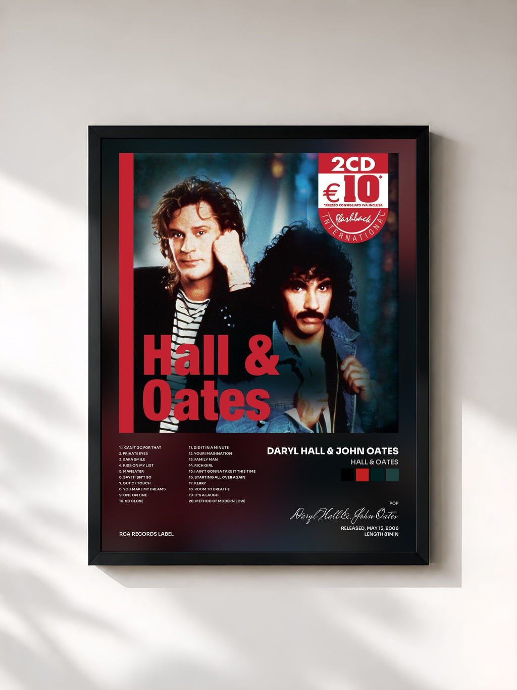 #noir Tableau de l'album Hall & Oates de Daryl Hall & John Oates, cadre noir, imprimé et encadré en France