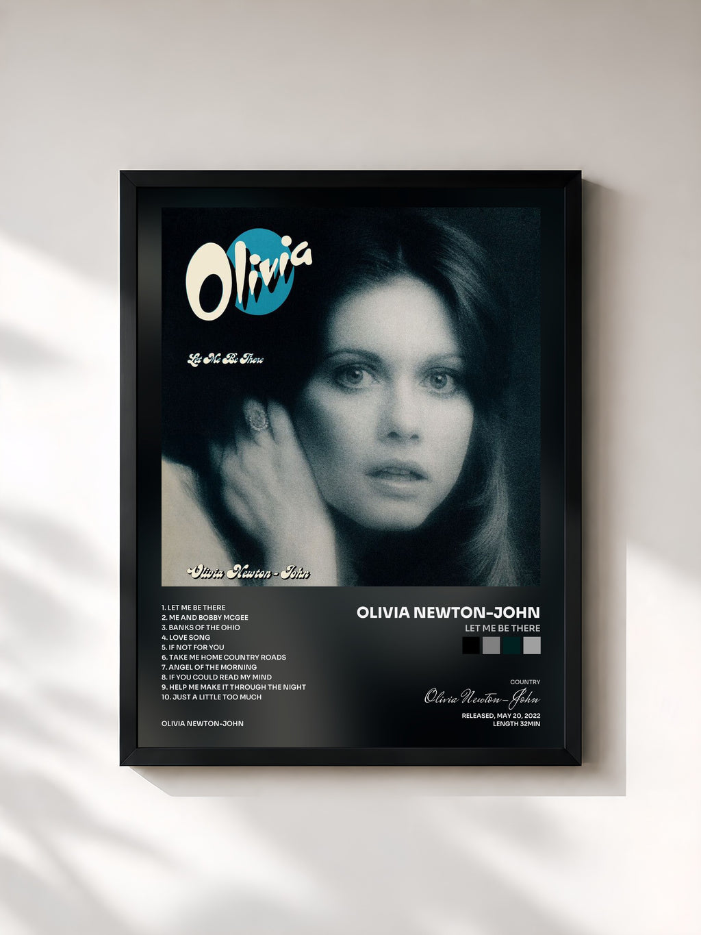 #noir Tableau de l'album Let Me Be There de Olivia Newton-John, cadre noir, imprimé et encadré en France