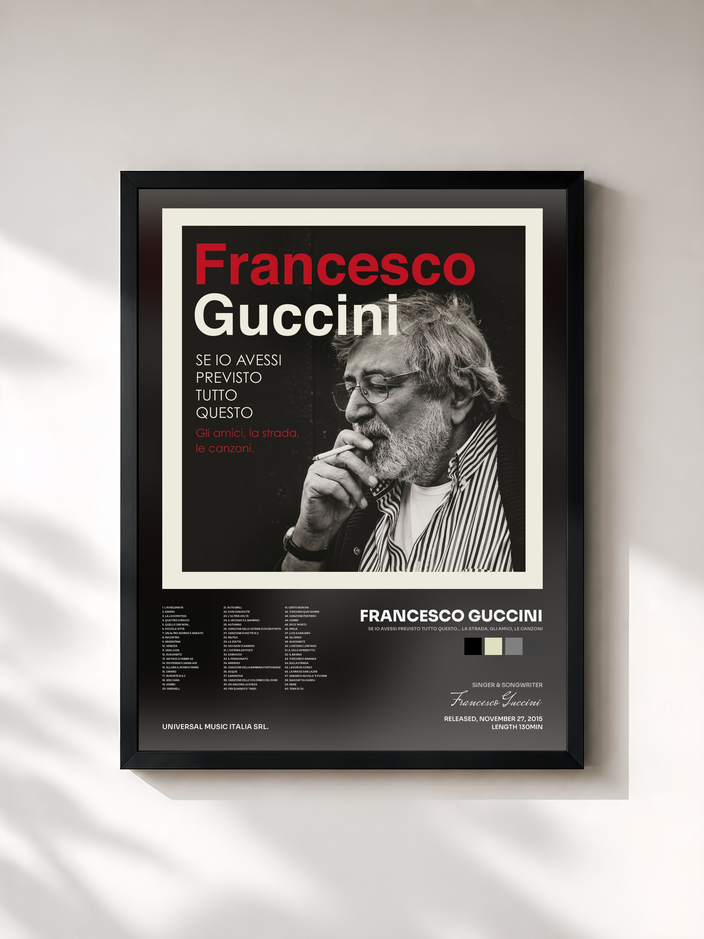 #noir Tableau de l'album Se Io Avessi Previsto Tutto Questo... La Strada, Gli Amici, Le Canzoni de Francesco Guccini, cadre noir, imprimé et encadré en France