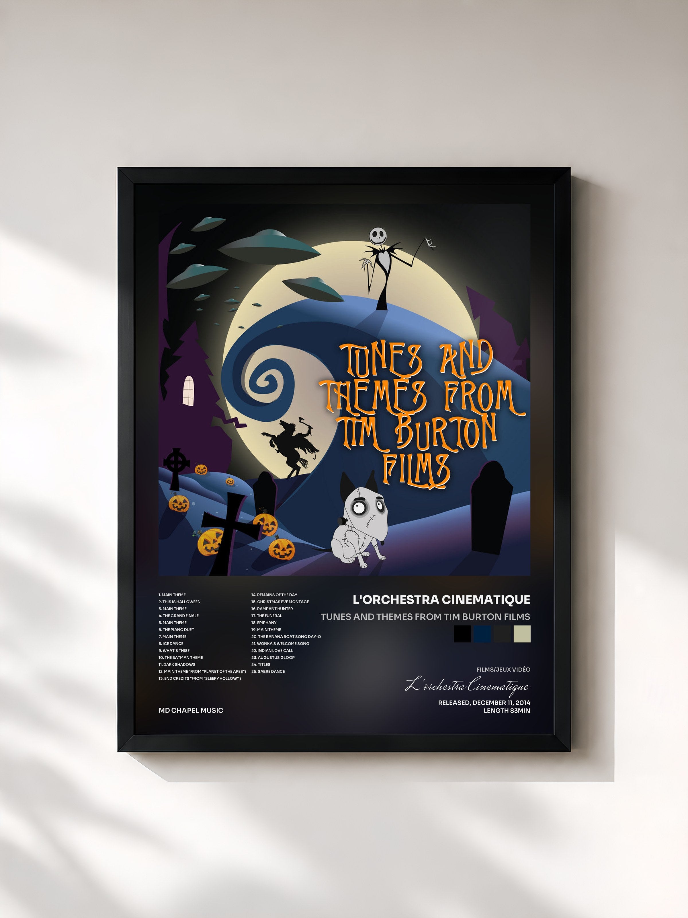 #noir Tableau de l'album Tunes and Themes from Tim Burton Films de L'orchestra Cinematique, cadre noir, imprimé et encadré en France