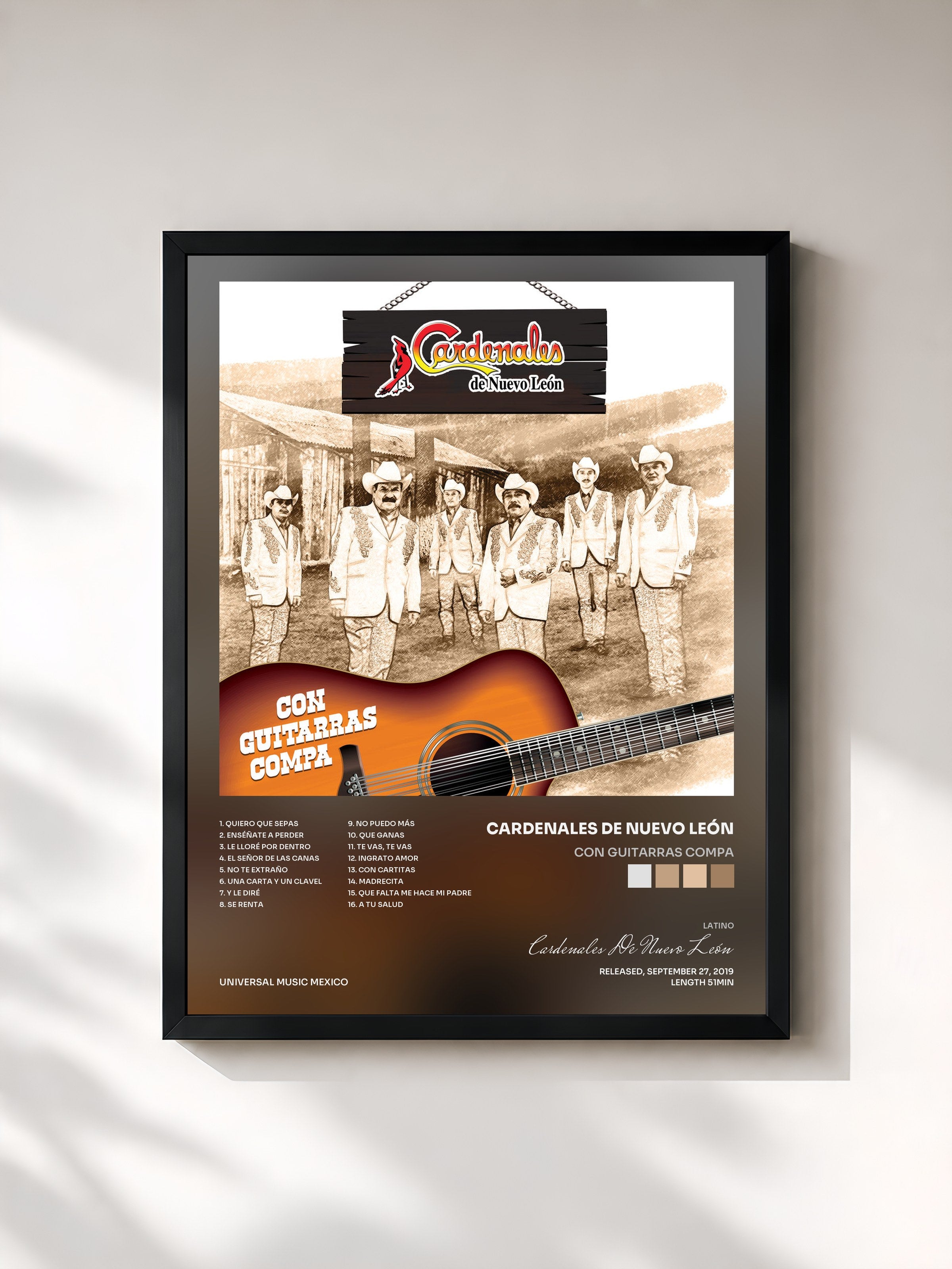 #noir Tableau de l'album Con Guitarras Compa de Cardenales De Nuevo León, cadre noir, imprimé et encadré en France