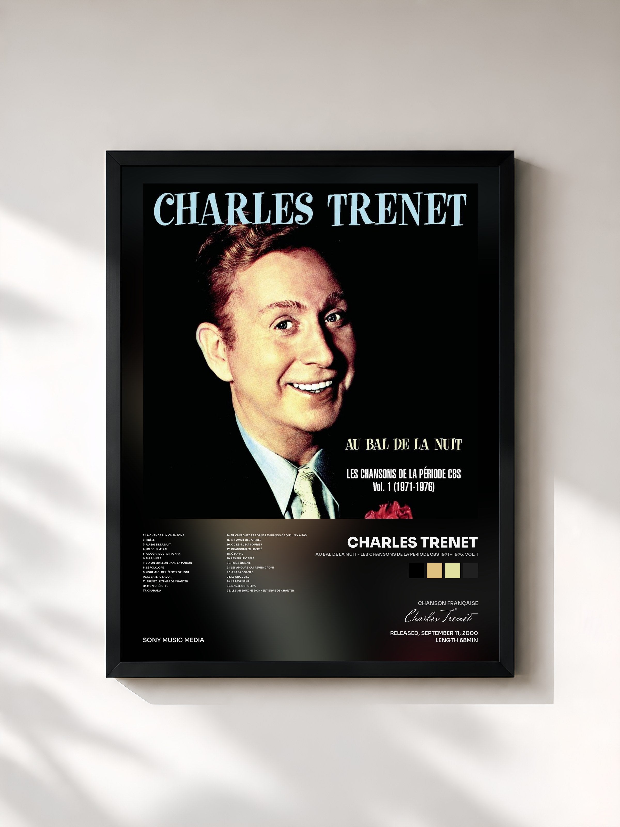 #noir Tableau de l'album Au bal de la nuit - Les chansons de la période CBS 1971 - 1976, Vol. 1 de Charles Trenet, cadre noir, imprimé et encadré en France