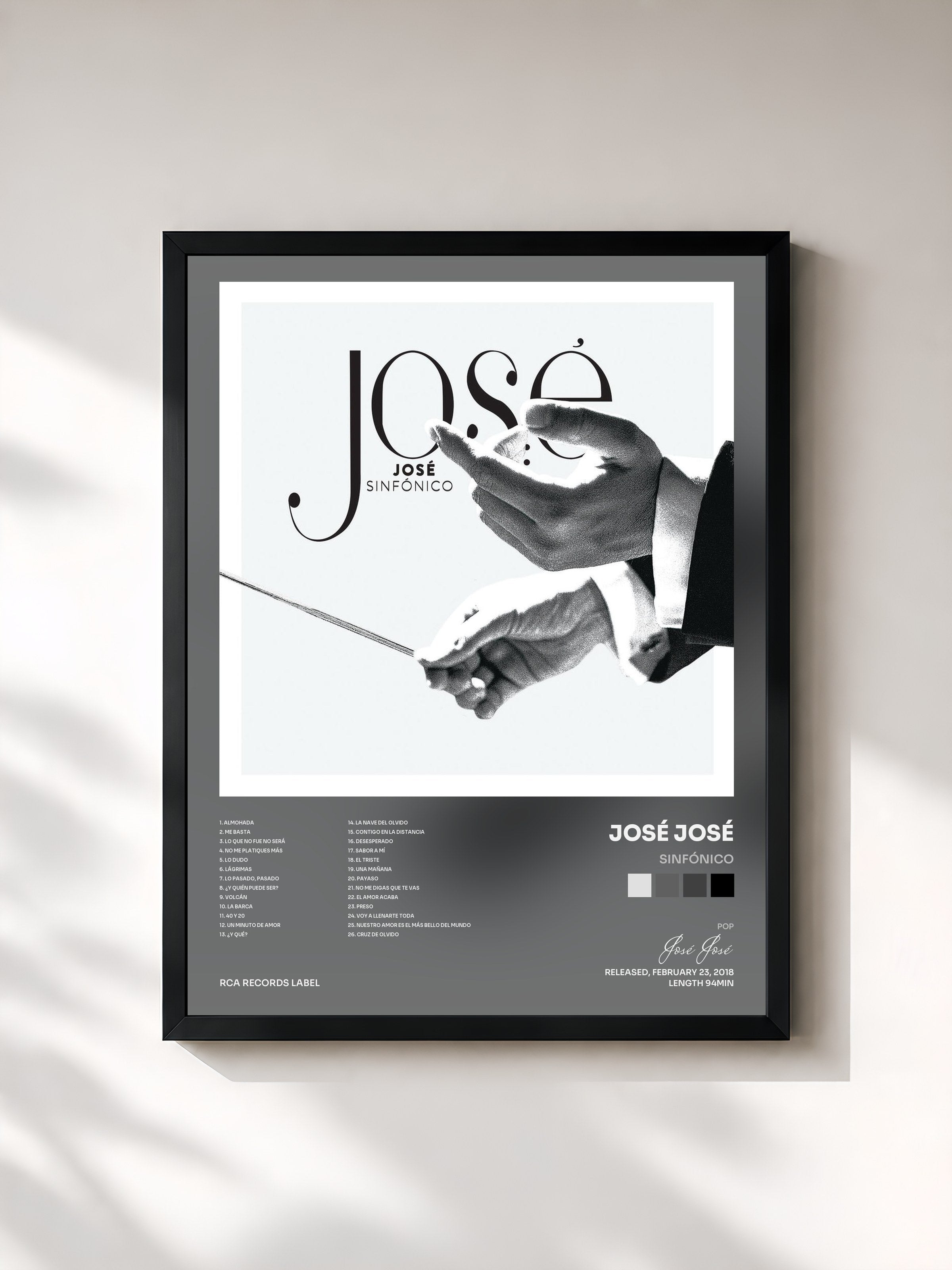 #noir Tableau de l'album Sinfónico de José José, cadre noir, imprimé et encadré en France