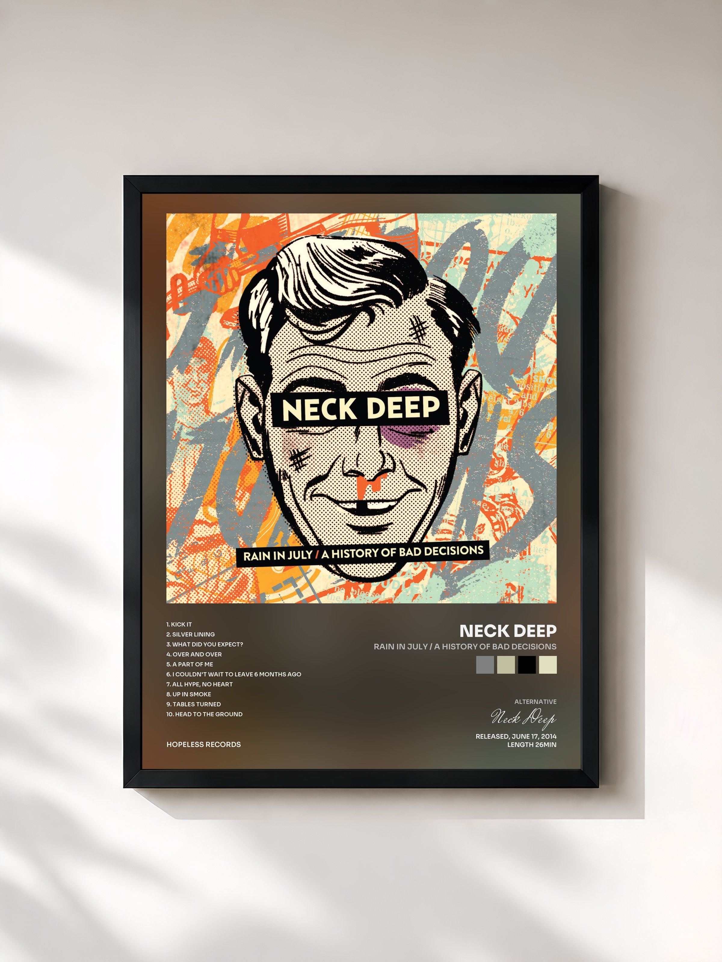 #noir Tableau de l'album Rain In July / A History Of Bad Decisions de Neck Deep, cadre noir, imprimé et encadré en France