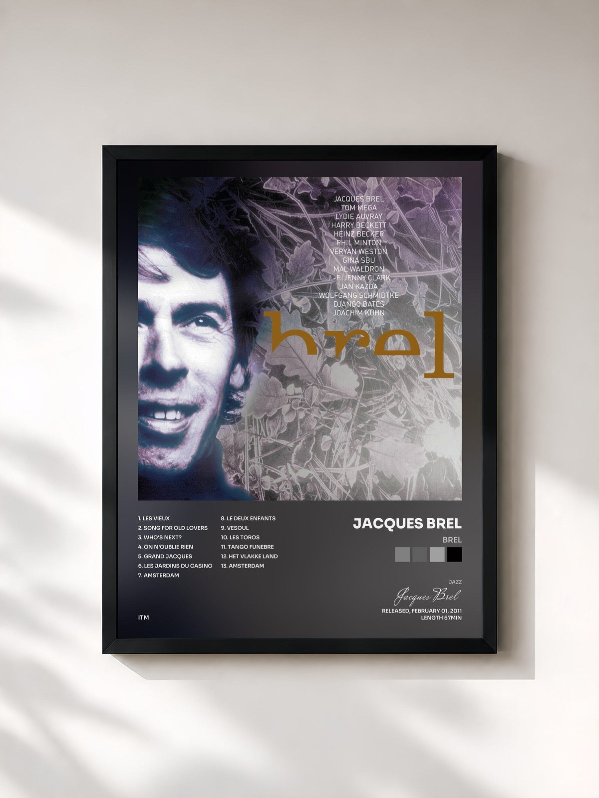 #noir Tableau de l'album Brel de Jacques Brel, cadre noir, imprimé et encadré en France