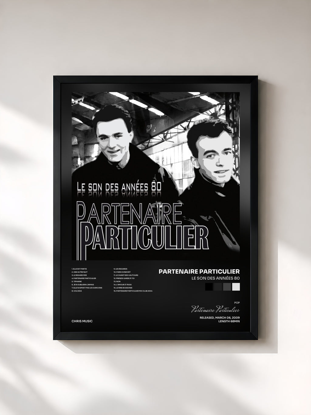 #noir Tableau de l'album Le son des années 80 de Partenaire Particulier, cadre noir, imprimé et encadré en France