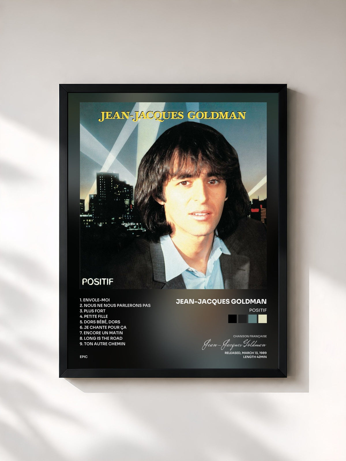 #noir Tableau de l'album Positif de Jean-Jacques Goldman, cadre noir, imprimé et encadré en France