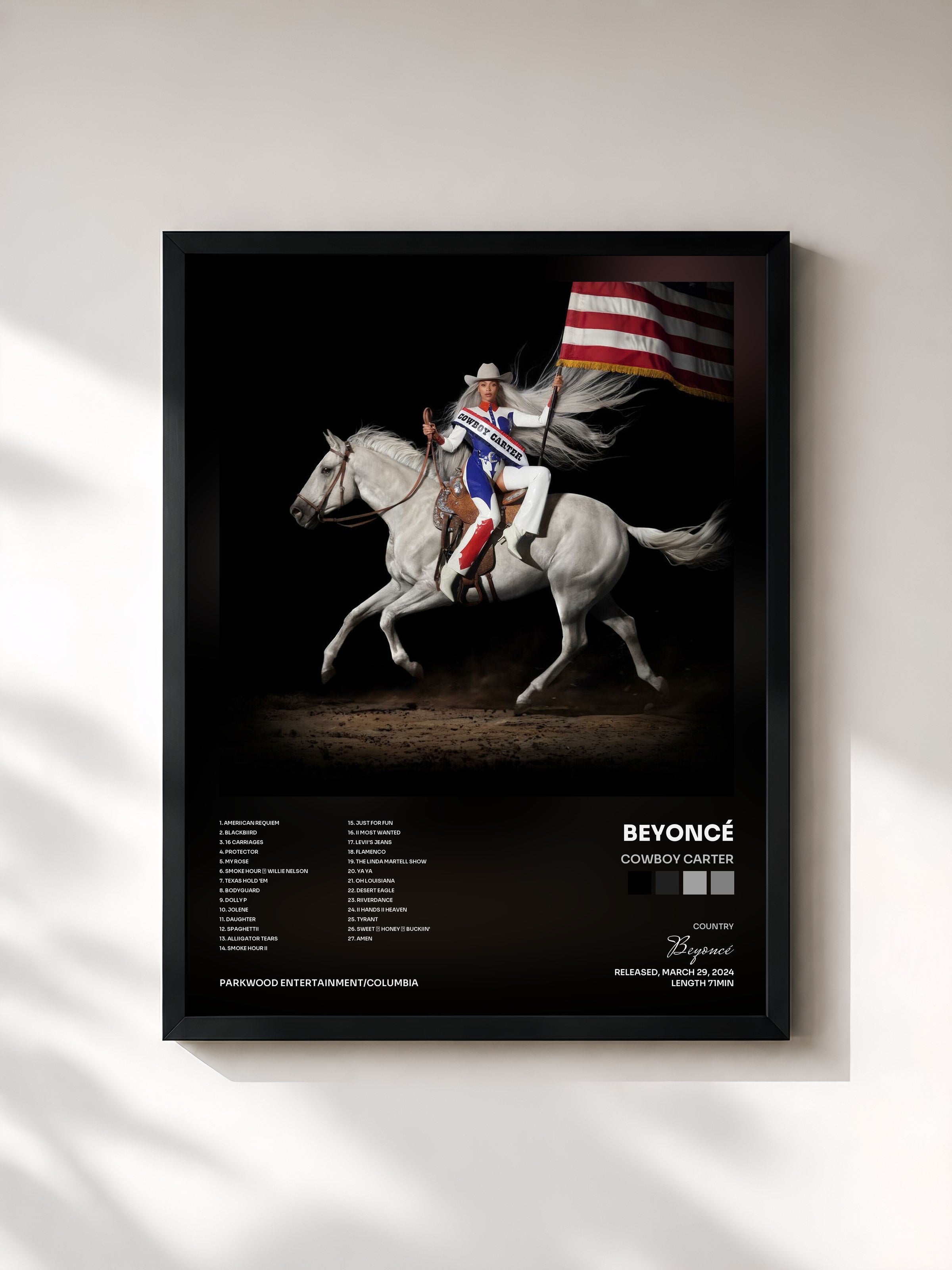 #noir Tableau de l'album COWBOY CARTER de Beyoncé, cadre noir, imprimé et encadré en France