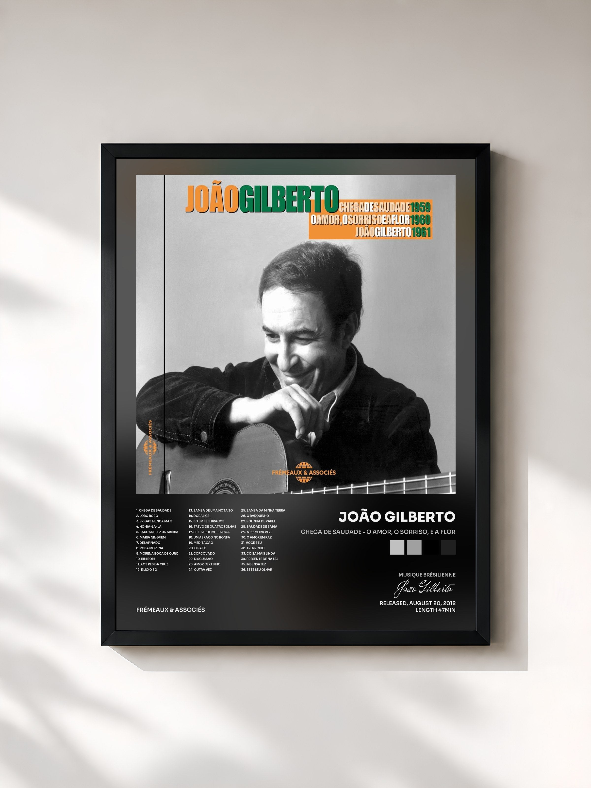 #noir Tableau de l'album Chega de Saudade - O Amor, O Sorriso, E a Flor de João Gilberto, cadre noir, imprimé et encadré en France