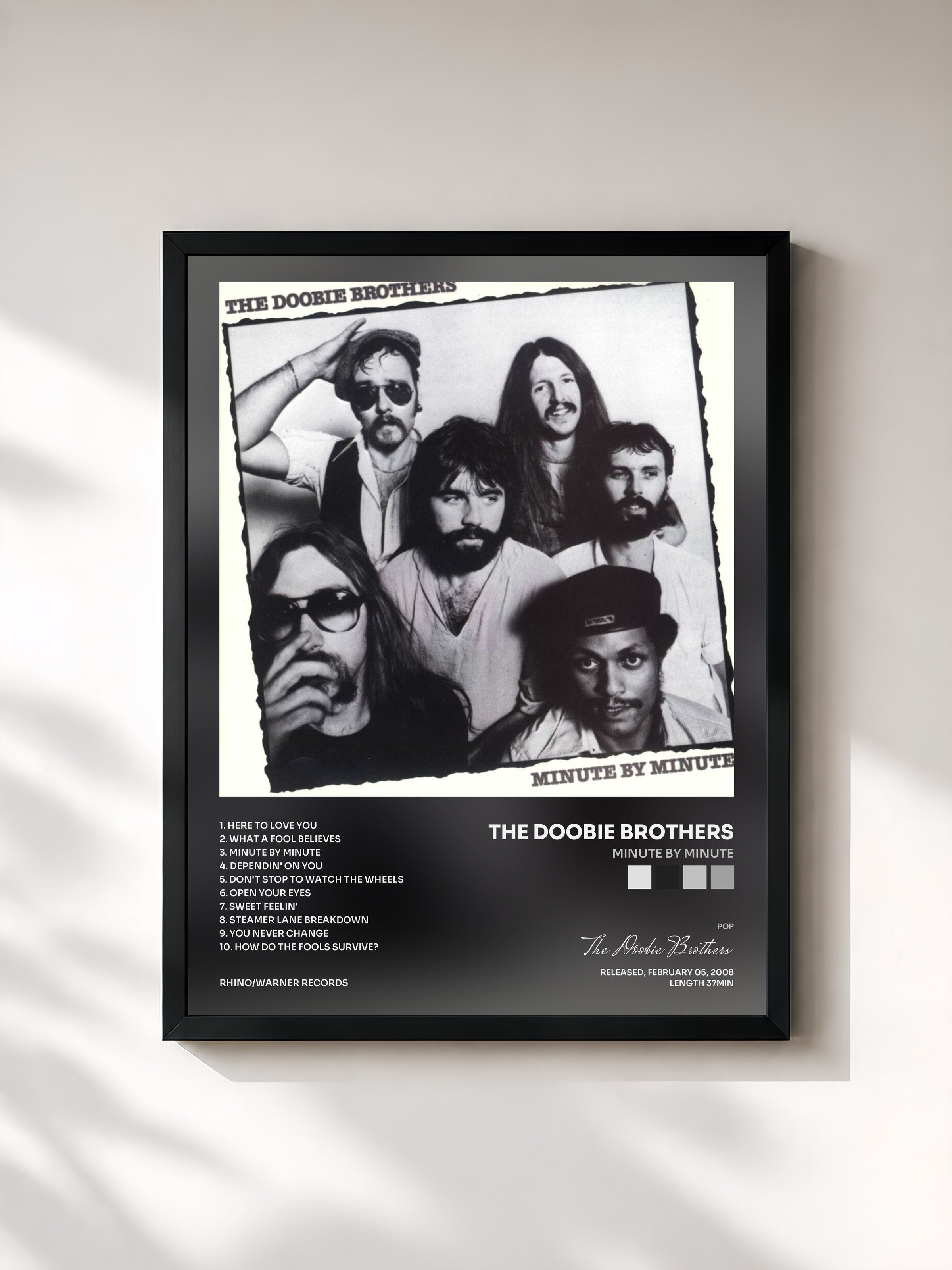 #noir Tableau de l'album Minute by Minute de The Doobie Brothers, cadre noir, imprimé et encadré en France