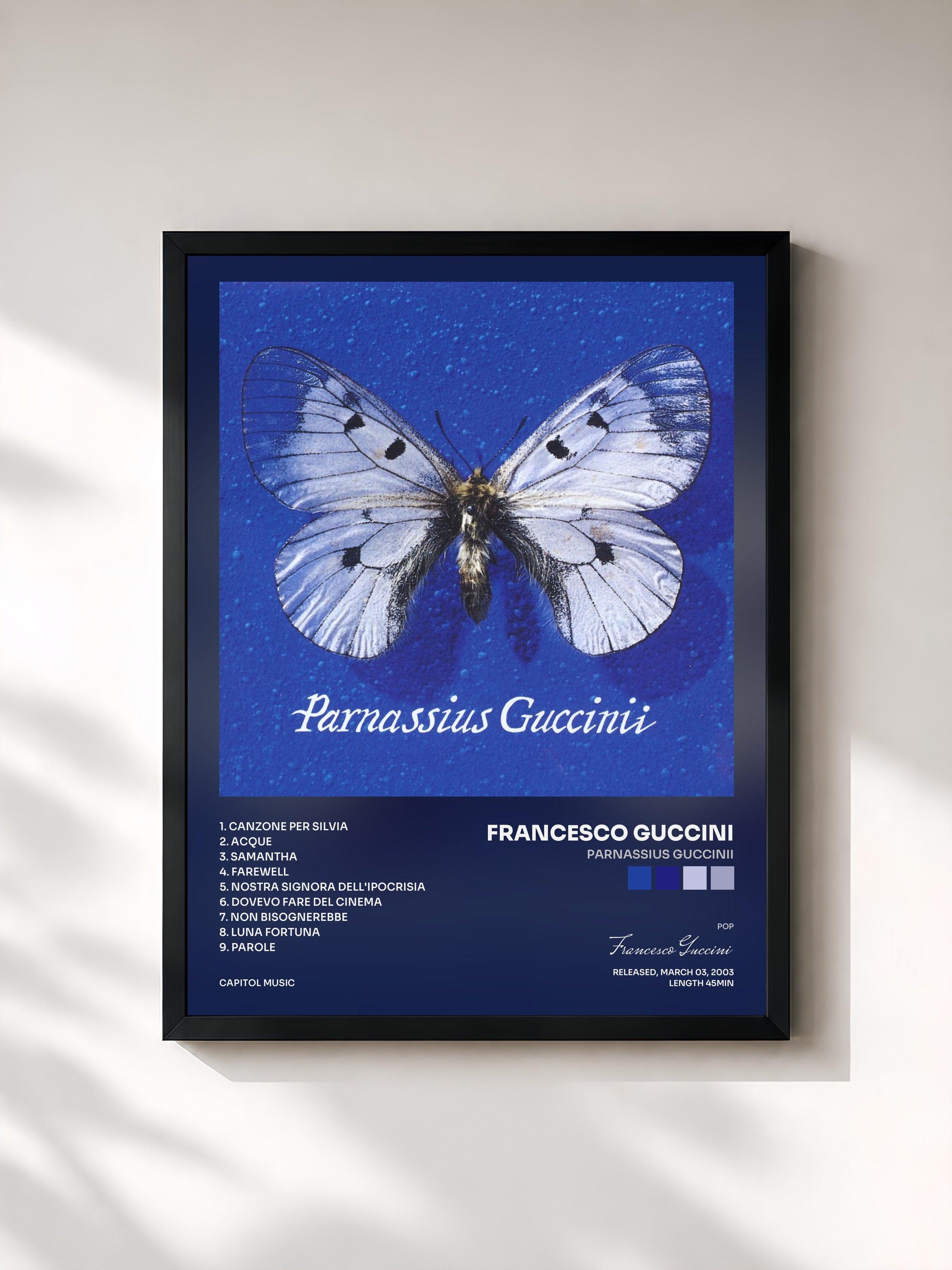 #noir Tableau de l'album Parnassius Guccinii de Francesco Guccini, cadre noir, imprimé et encadré en France