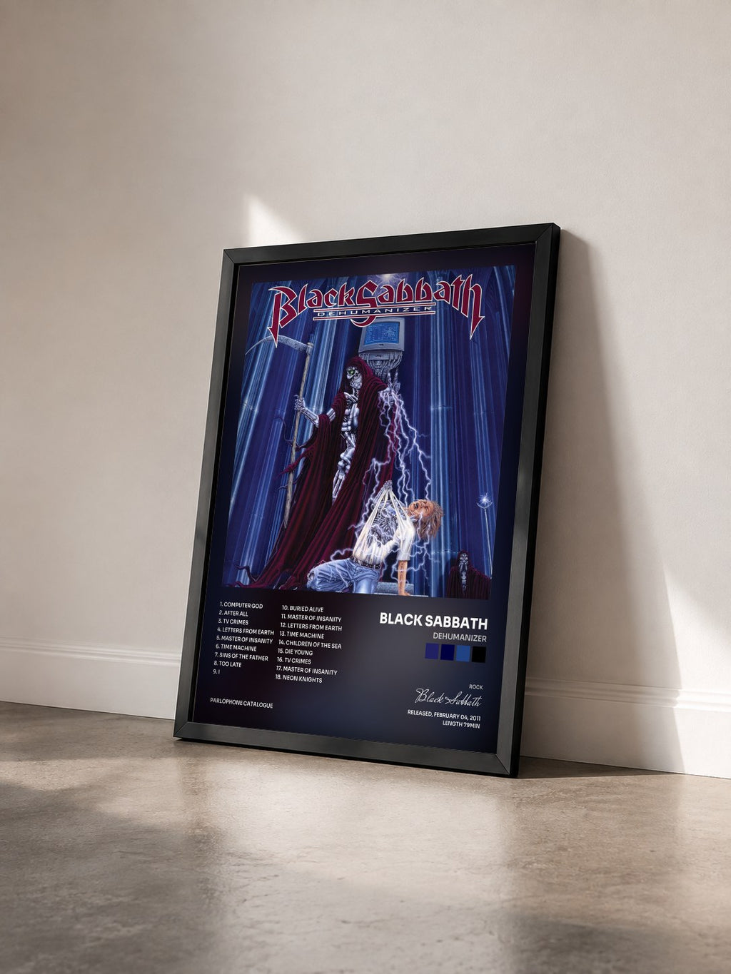 #noir Dehumanizer von Black Sabbath als gerahmter Kunstdruck von schräg gesehen, schwarzer Rahmen