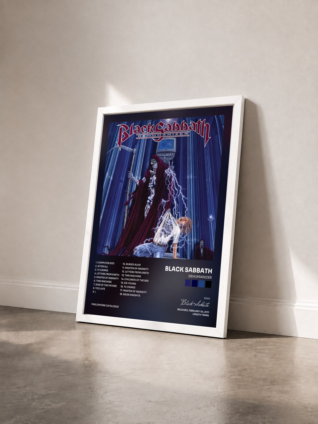 #blanc Tableau de l'album Dehumanizer de Black Sabbath vu de trois quarts, cadre blanc