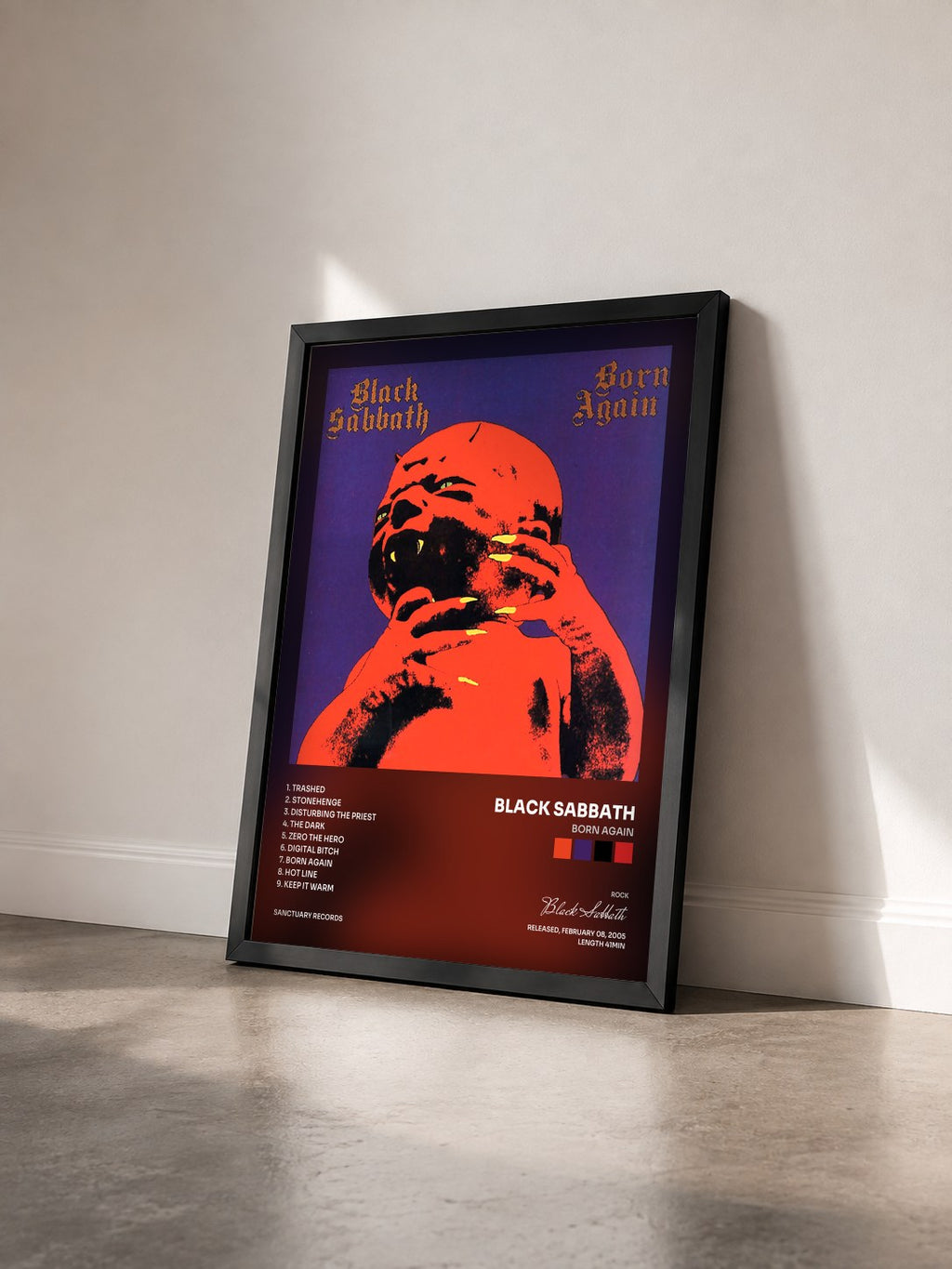#noir Tableau de l'album Born Again de Black Sabbath vu de trois quarts, cadre noir