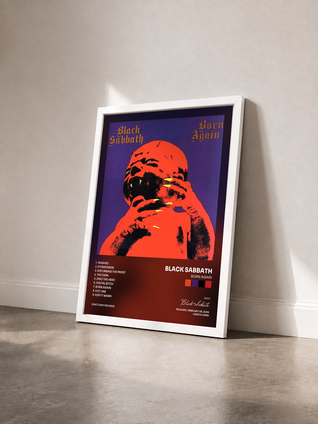 #blanc Tableau de l'album Born Again de Black Sabbath vu de trois quarts, cadre blanc