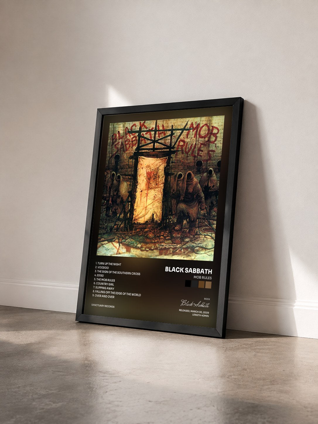 #noir Tableau de l'album Mob Rules de Black Sabbath vu de trois quarts, cadre noir