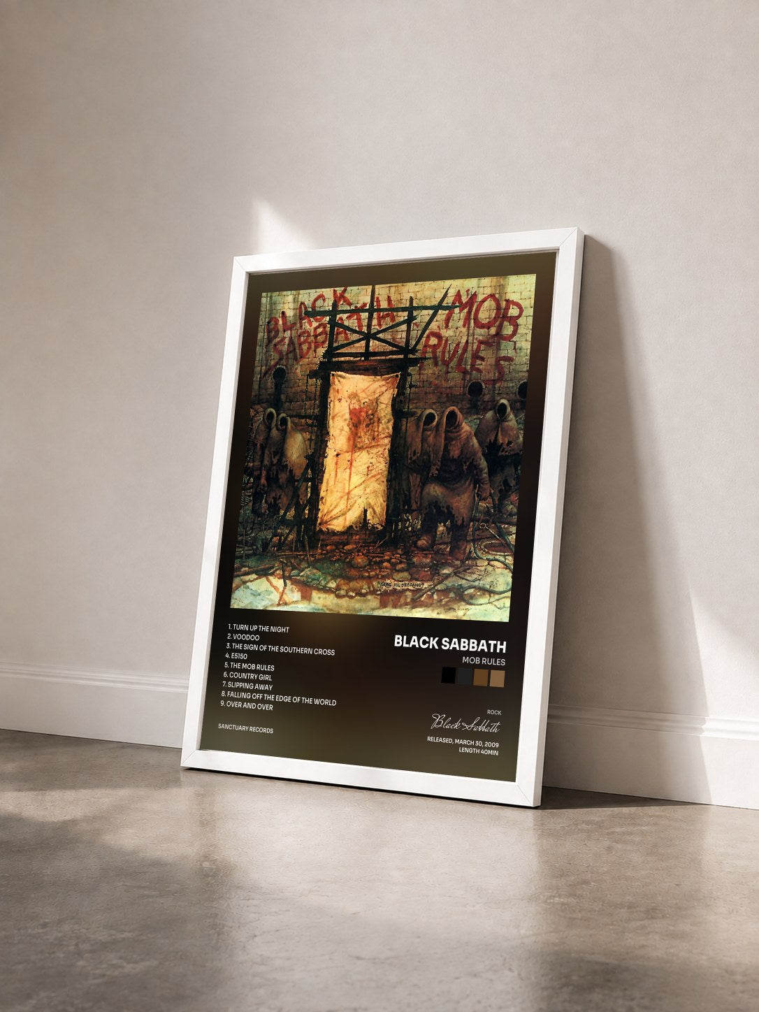 #blanc Tableau de l'album Mob Rules de Black Sabbath vu de trois quarts, cadre blanc