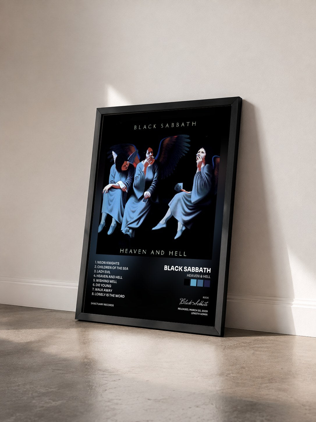 #noir Tableau de l'album Heaven & Hell de Black Sabbath vu de trois quarts, cadre noir