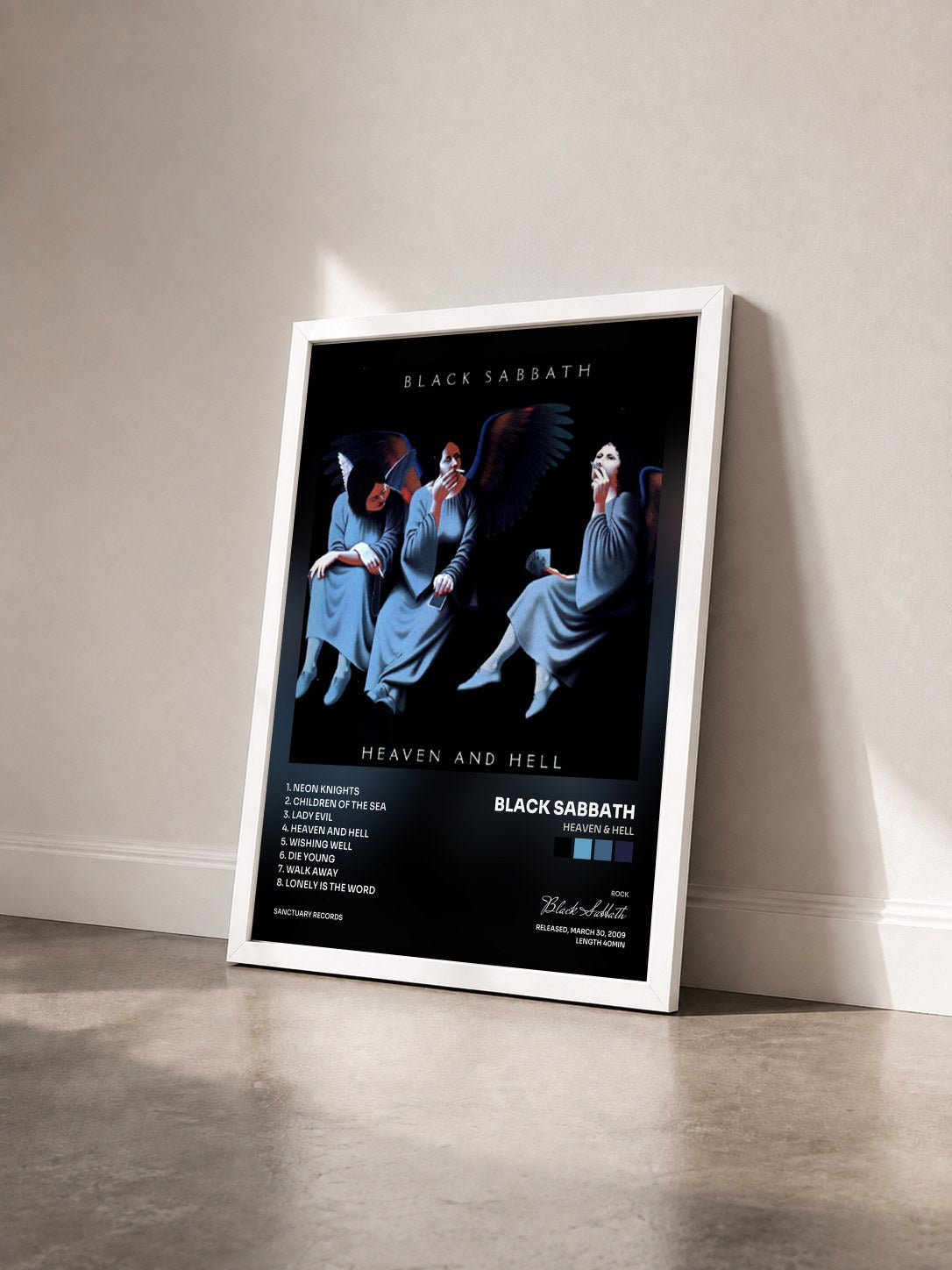 #blanc Tableau de l'album Heaven & Hell de Black Sabbath vu de trois quarts, cadre blanc