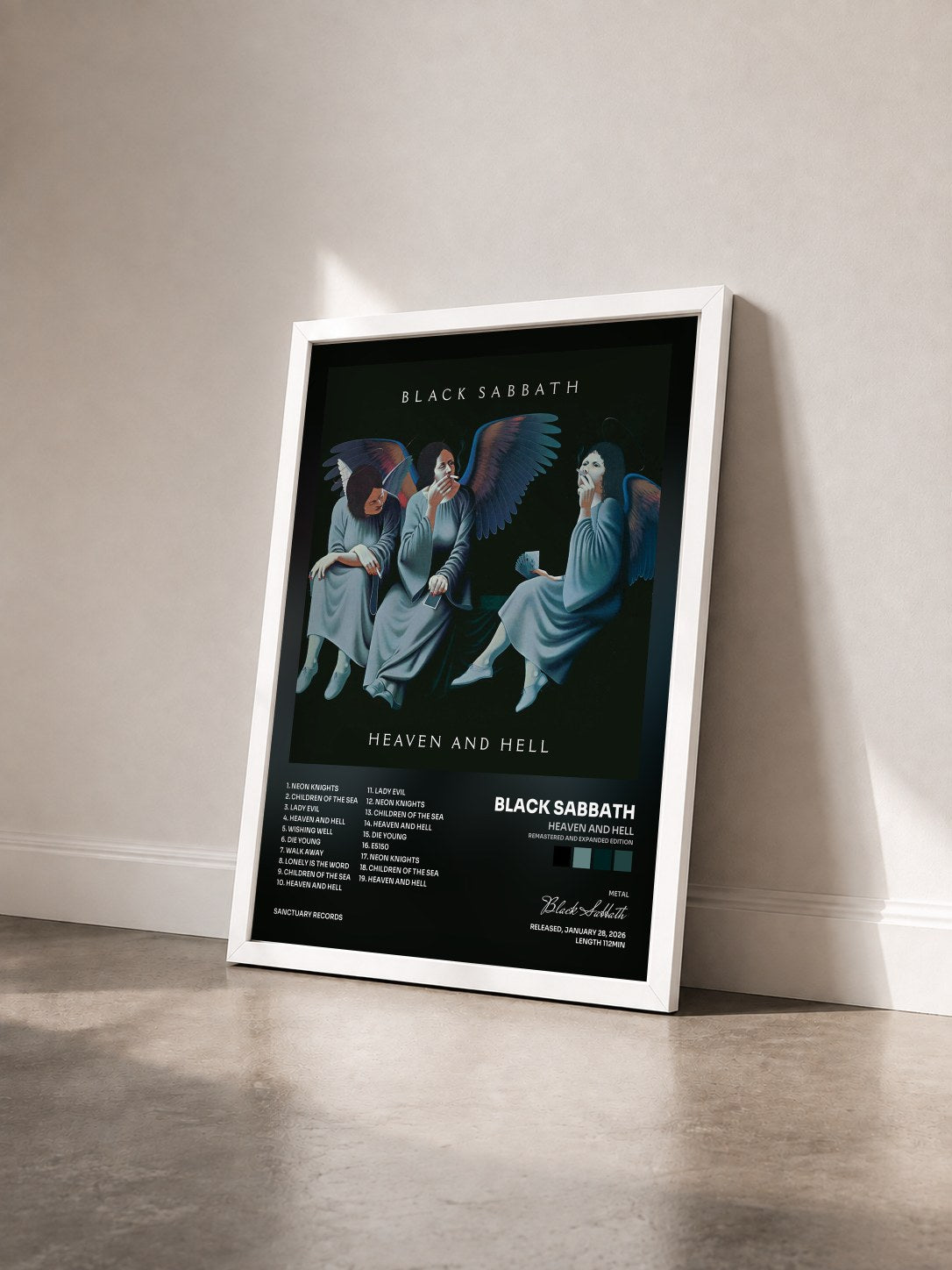 #blanc Tableau de l'album Heaven and Hell (Remastered and Expanded Edition) de Black Sabbath vu de trois quarts, cadre blanc