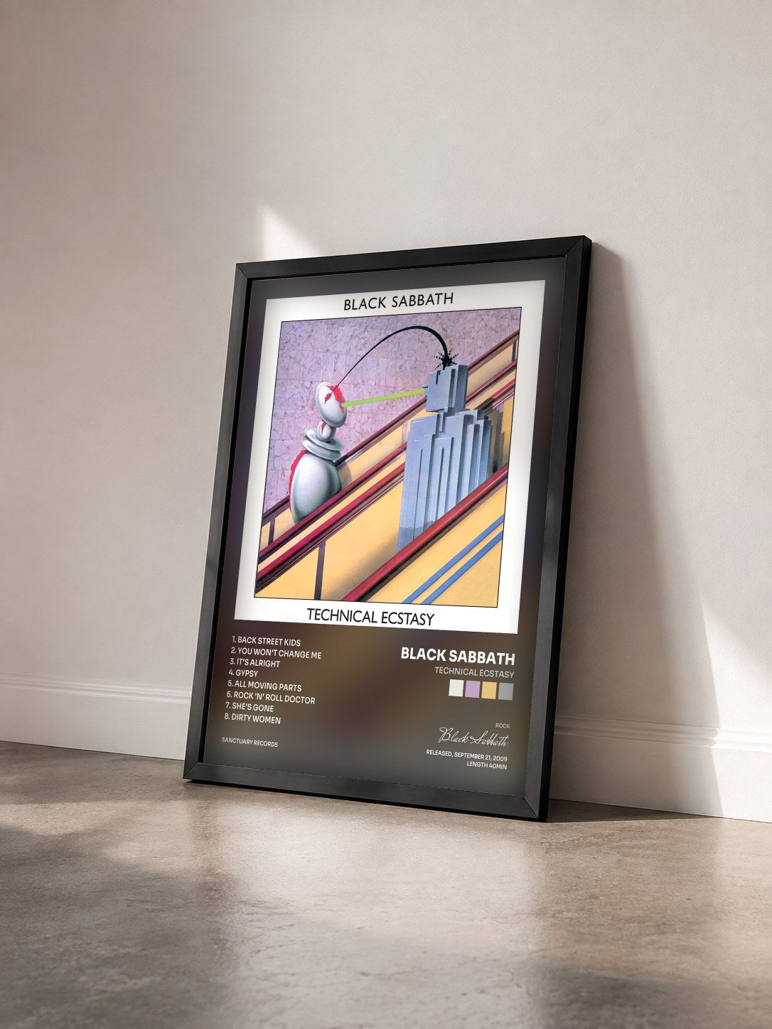 #noir Tableau de l'album Technical Ecstasy de Black Sabbath vu de trois quarts, cadre noir