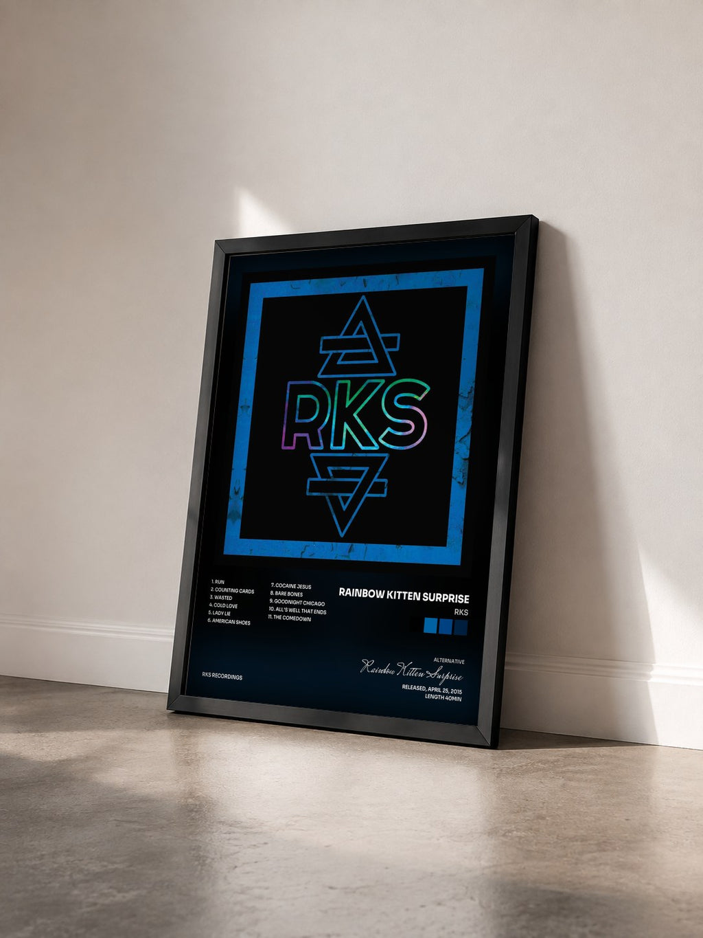 #noir Tableau de l'album RKS de Rainbow Kitten Surprise vu de trois quarts, cadre noir