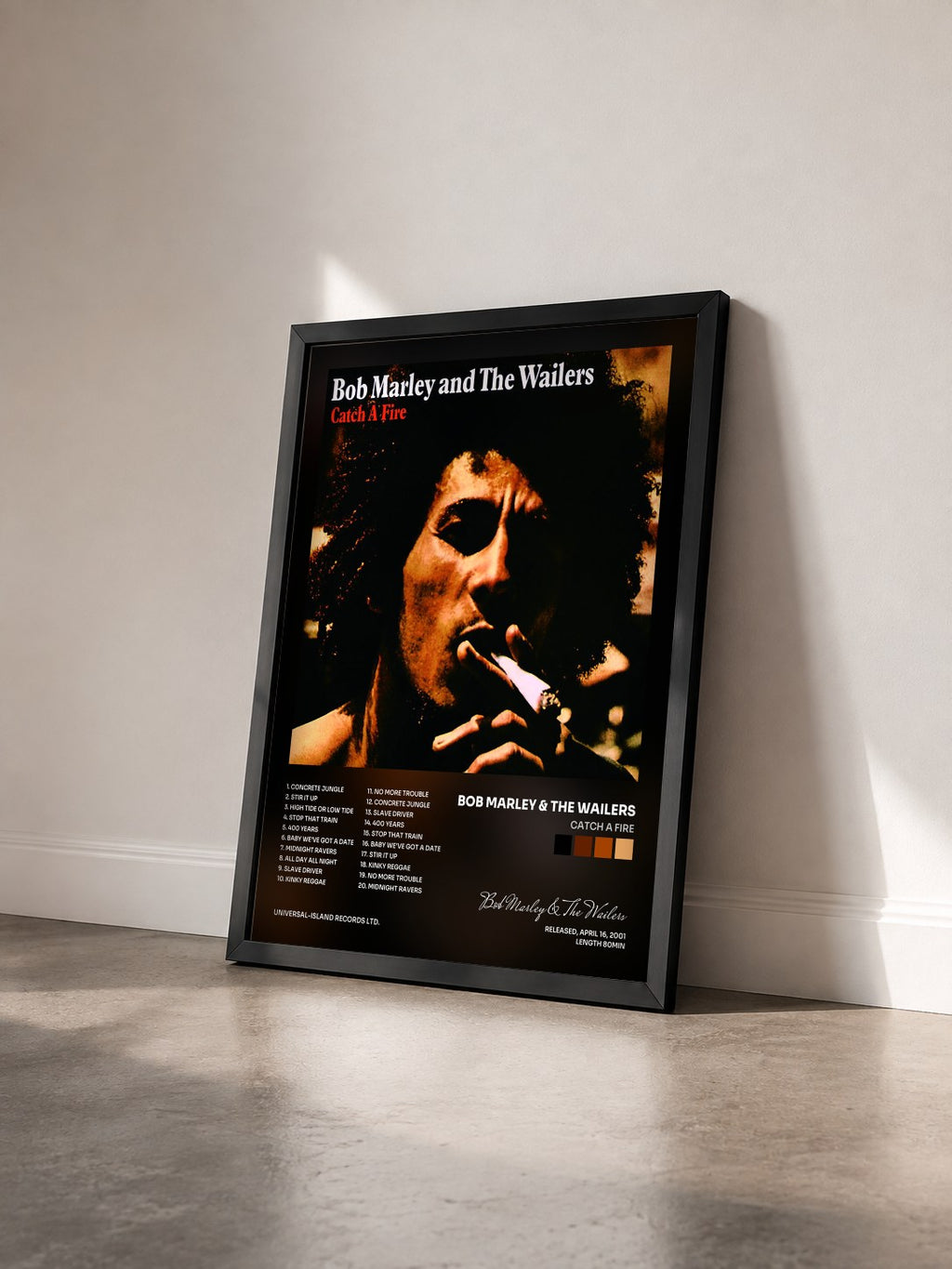 #noir Catch A Fire by Bob Marley & The Wailers as a framed art print seen at an angle, black frame