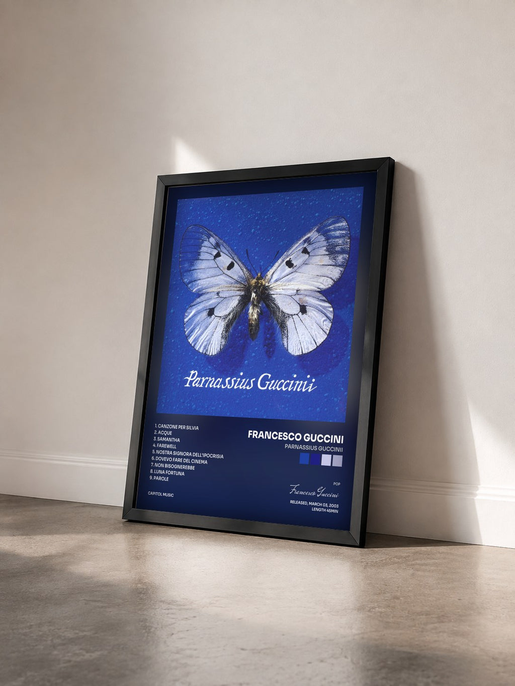 #noir Tableau de l'album Parnassius Guccinii de Francesco Guccini vu de trois quarts, cadre noir