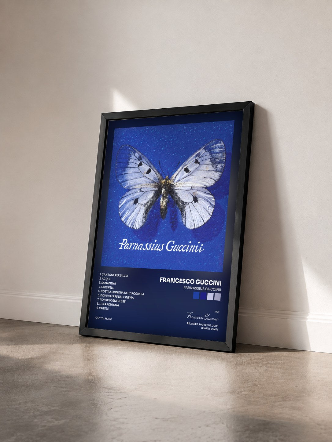 #noir Tableau de l'album Parnassius Guccinii de Francesco Guccini vu de trois quarts, cadre noir