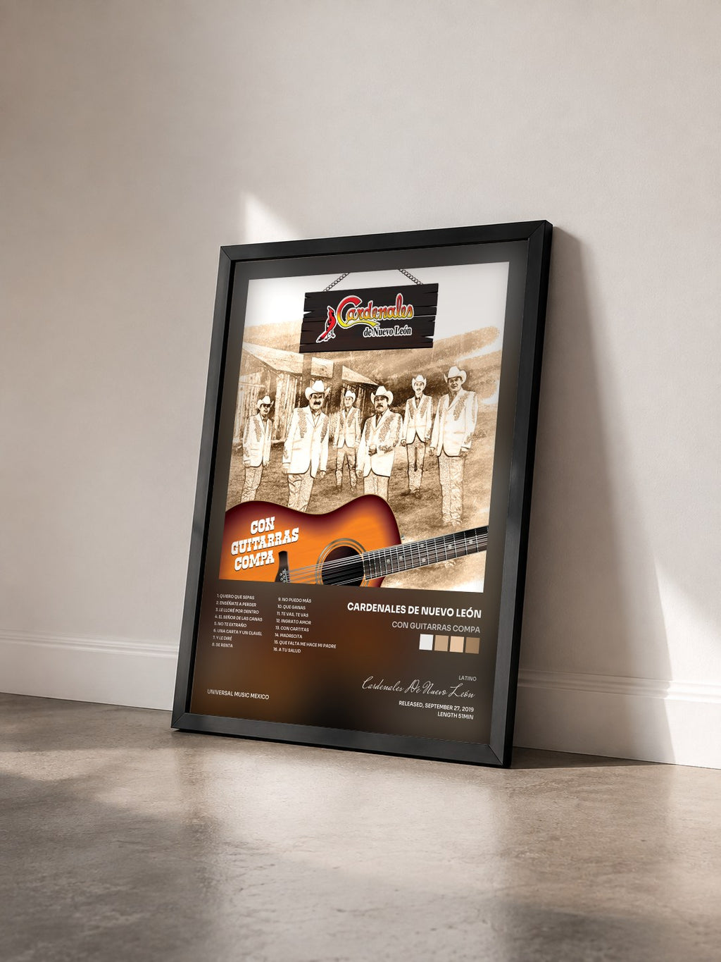 #noir Tableau de l'album Con Guitarras Compa de Cardenales De Nuevo León vu de trois quarts, cadre noir
