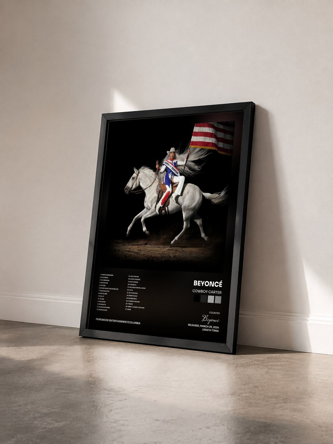 #noir Tableau de l'album COWBOY CARTER de Beyoncé vu de trois quarts, cadre noir