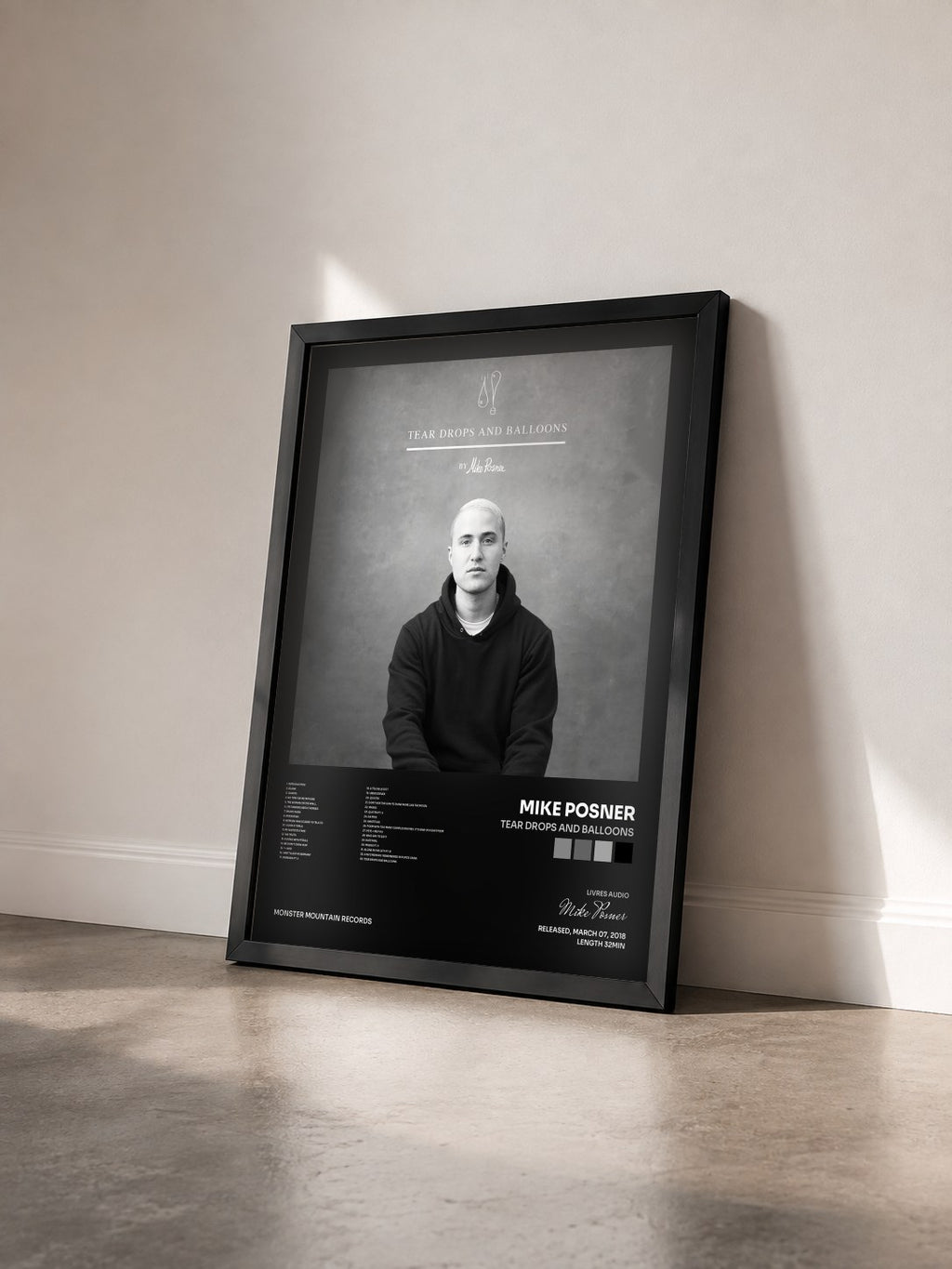 #noir Tableau de l'album Tear Drops and Balloons de Mike Posner vu de trois quarts, cadre noir