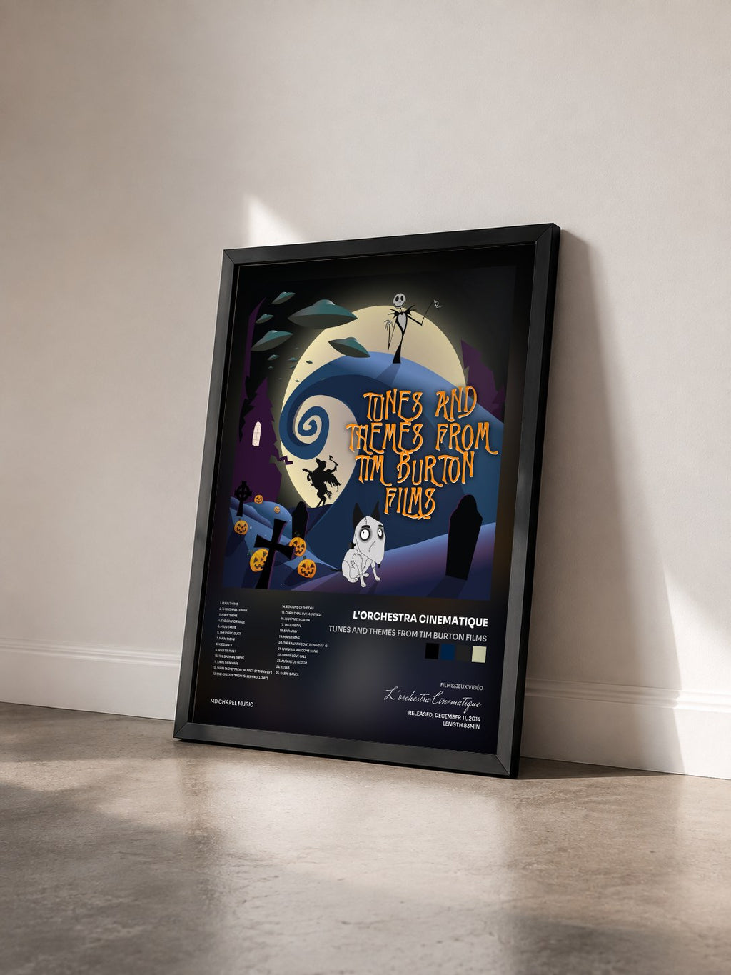 #noir Tunes and Themes from Tim Burton Films di L'orchestra Cinematique in stampa incorniciata vista di tre quarti, cornice nera