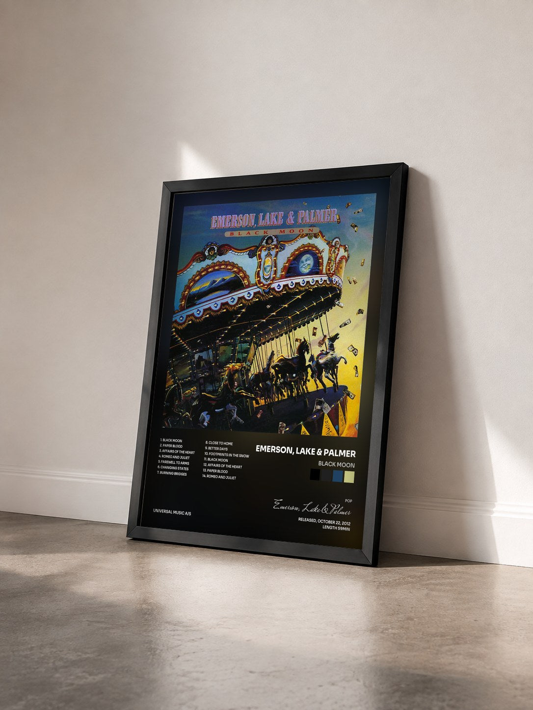 #noir Tableau de l'album Black Moon de Emerson, Lake & Palmer vu de trois quarts, cadre noir