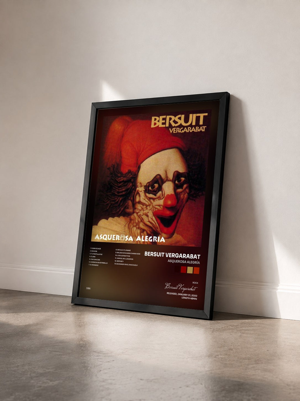 #noir Tableau de l'album Asquerosa Alegría de Bersuit Vergarabat vu de trois quarts, cadre noir