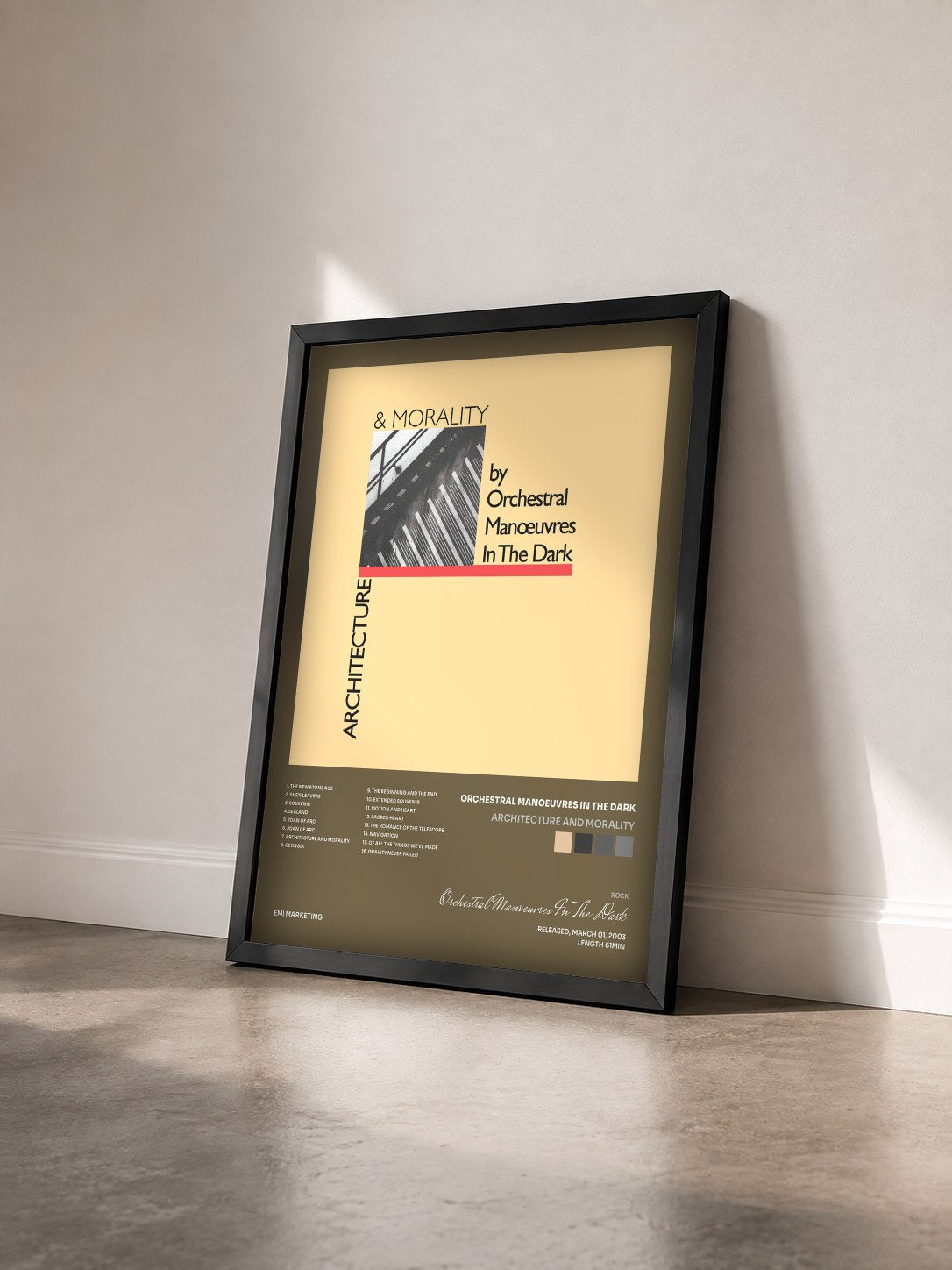 #noir Tableau de l'album Architecture And Morality de Orchestral Manoeuvres In The Dark vu de trois quarts, cadre noir