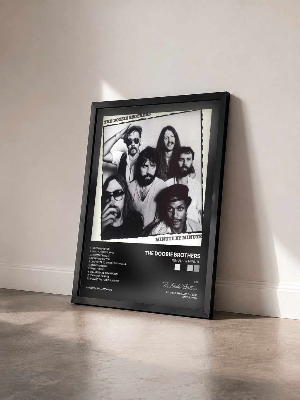 #noir Tableau de l'album Minute by Minute de The Doobie Brothers vu de trois quarts, cadre noir