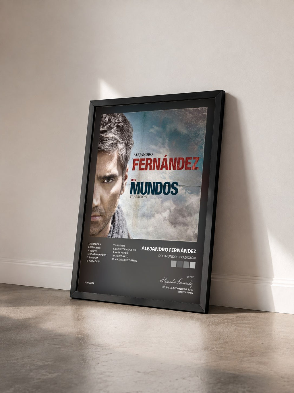 #noir Tableau de l'album Dos Mundos Tradición de Alejandro Fernández vu de trois quarts, cadre noir