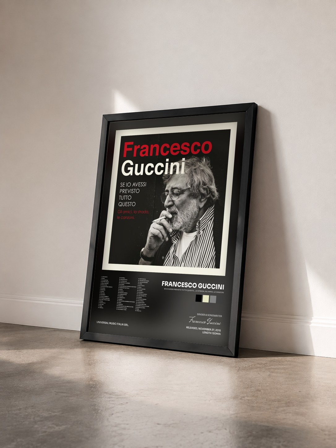 #noir Tableau de l'album Se Io Avessi Previsto Tutto Questo... La Strada, Gli Amici, Le Canzoni de Francesco Guccini vu de trois quarts, cadre noir