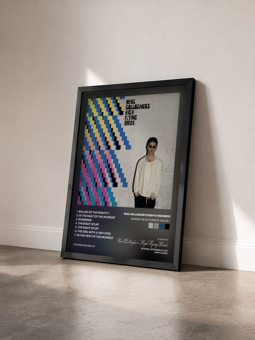 #noir Tableau de l'album Where the City Meets the Sky de Noel Gallagher's High Flying Birds vu de trois quarts, cadre noir