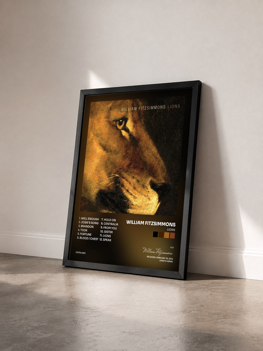 #noir Tableau de l'album Lions de William Fitzsimmons vu de trois quarts, cadre noir