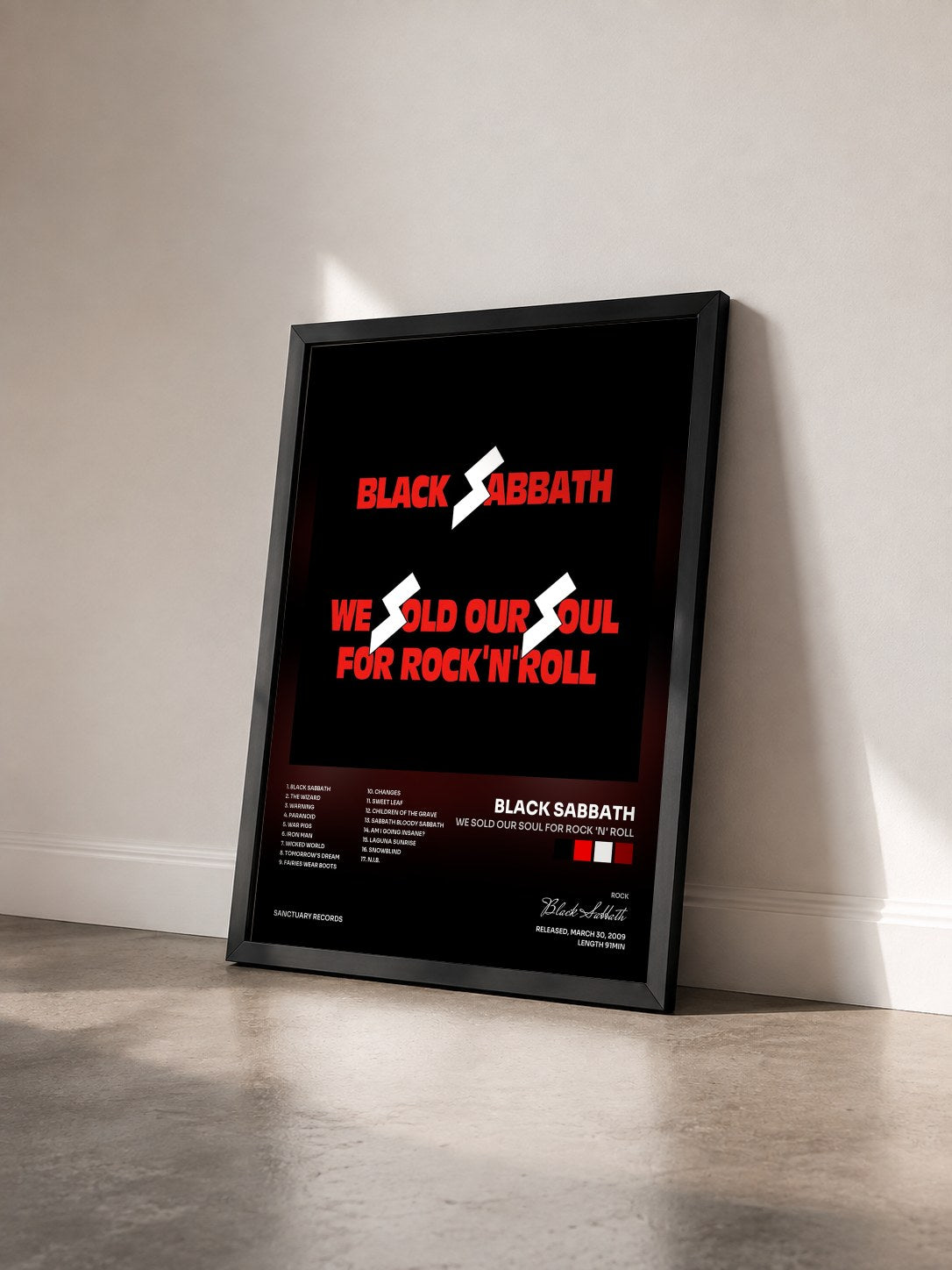 #noir Tableau de l'album We Sold Our Soul for Rock 'N' Roll de Black Sabbath vu de trois quarts, cadre noir
