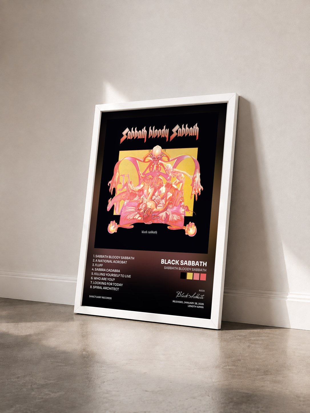 #blanc Tableau de l'album Sabbath Bloody Sabbath de Black Sabbath vu de trois quarts, cadre blanc