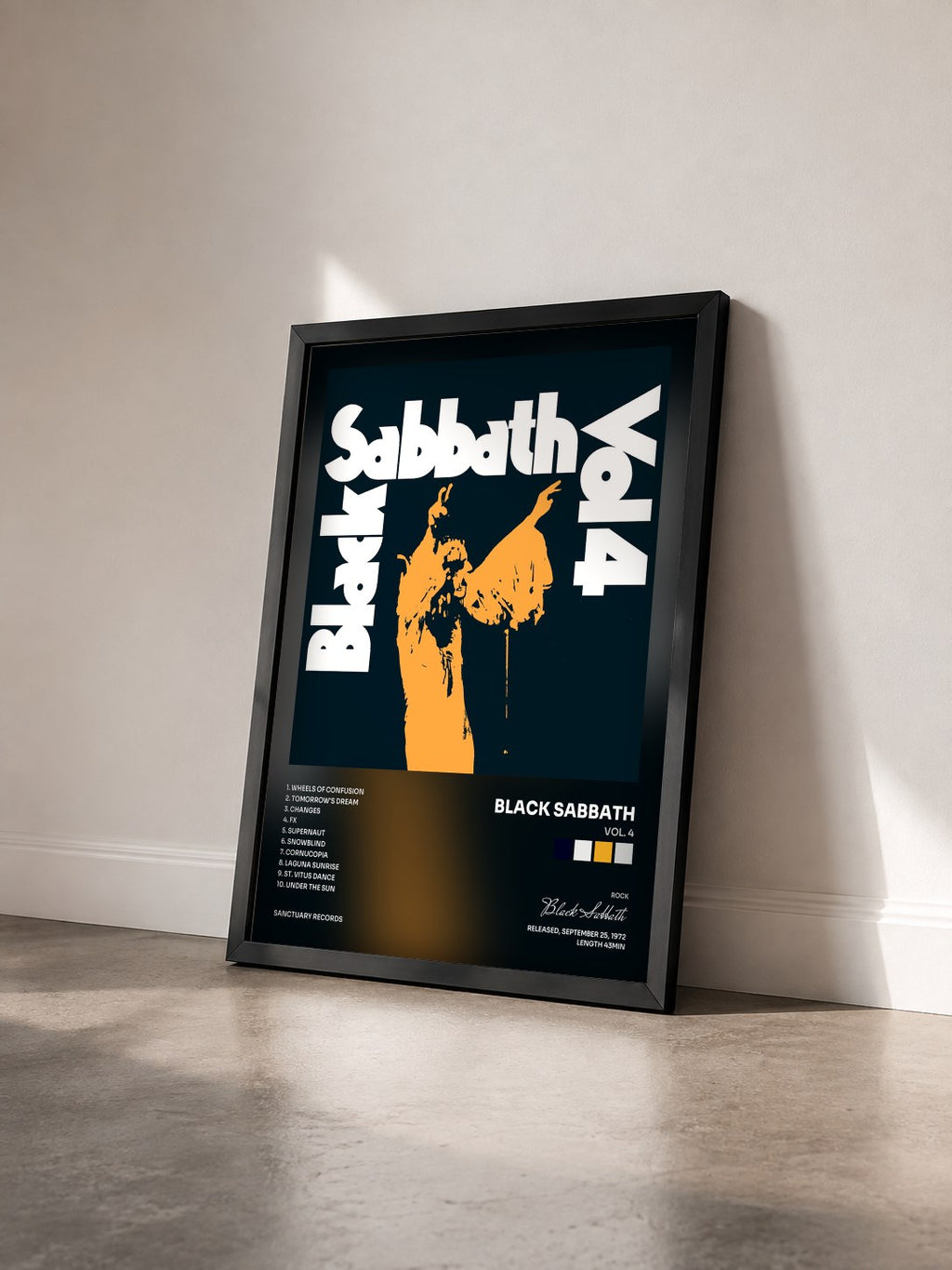 #noir Tableau de l'album Vol. 4 de Black Sabbath vu de trois quarts, cadre noir
