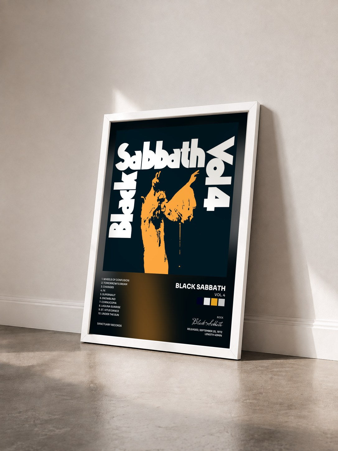 #blanc Tableau de l'album Vol. 4 de Black Sabbath vu de trois quarts, cadre blanc