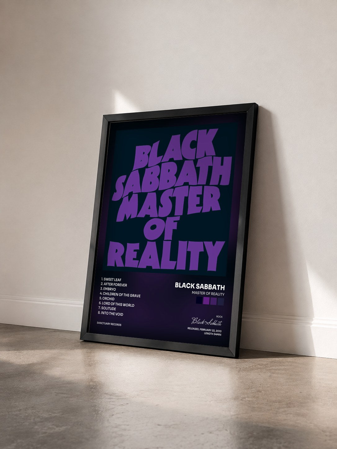 #noir Tableau de l'album Master of Reality de Black Sabbath vu de trois quarts, cadre noir