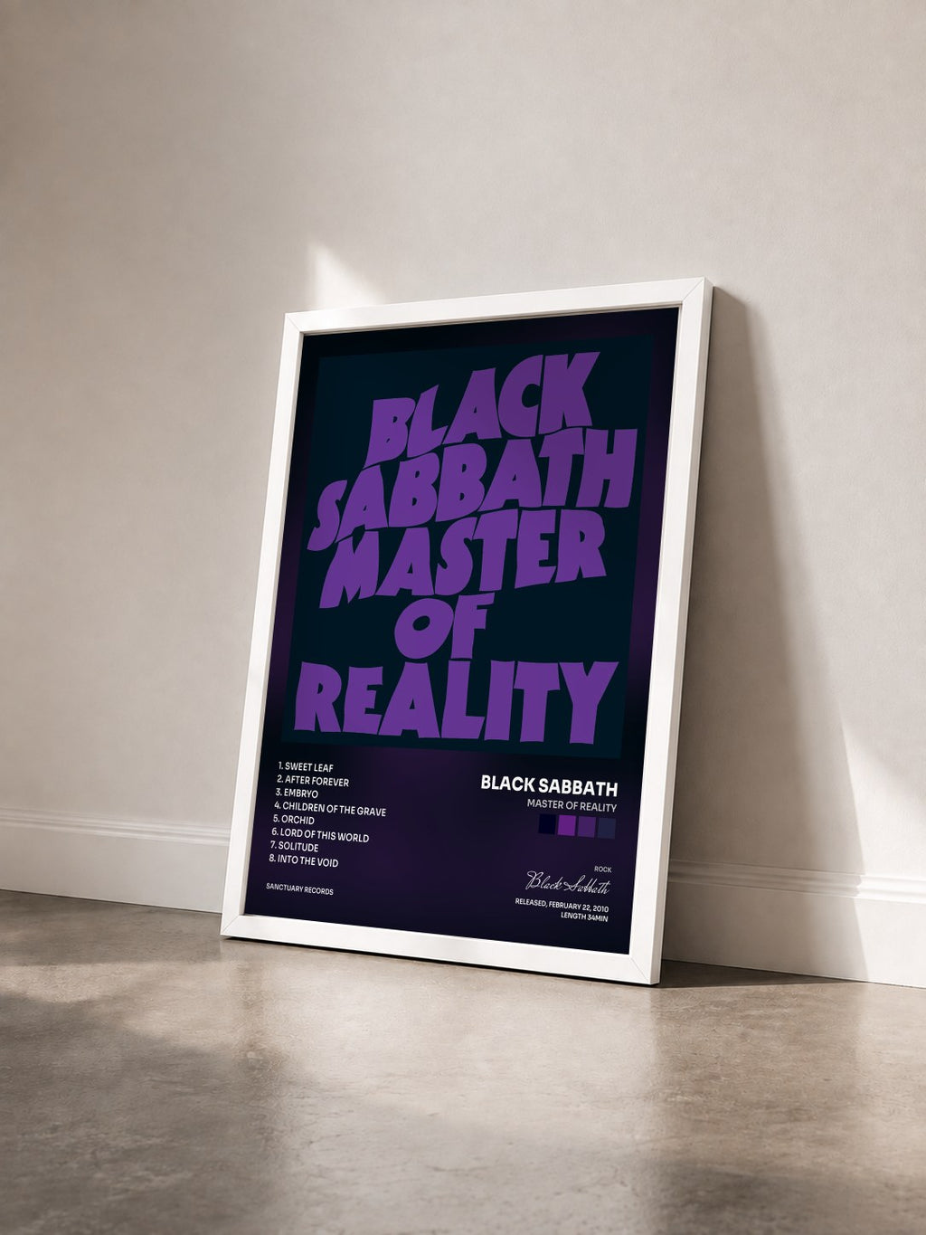 #blanc Master of Reality von Black Sabbath als gerahmter Kunstdruck von schräg gesehen, weißer Rahmen