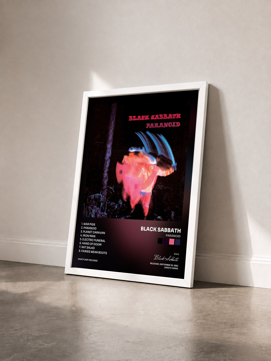 #blanc Tableau de l'album Paranoid de Black Sabbath vu de trois quarts, cadre blanc