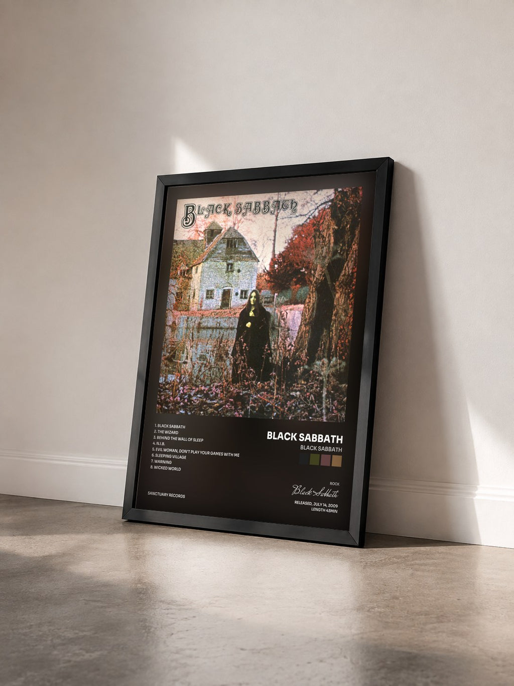 #noir Tableau de l'album Black Sabbath de Black Sabbath vu de trois quarts, cadre noir